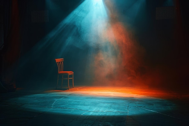 Photo a minimalistic stage setup with a solitary chair illuminated by a sharp beam of light the rest of the space fading into shadows