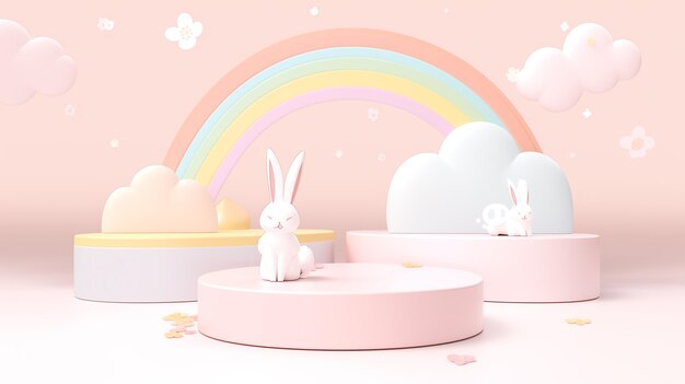 A minimalistic step podium cute display for Easter with pink pastel color