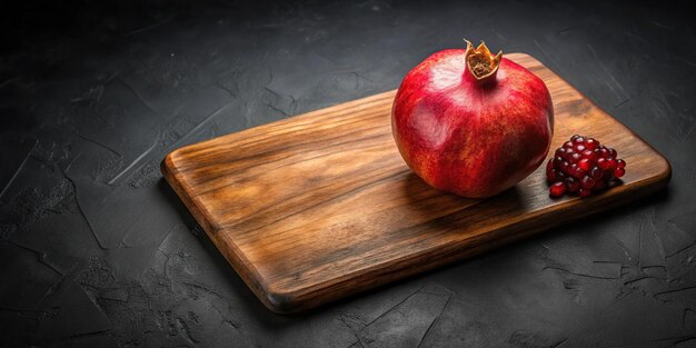 Photo minimalistic still life of pomegranate on wooden cutting board against black background