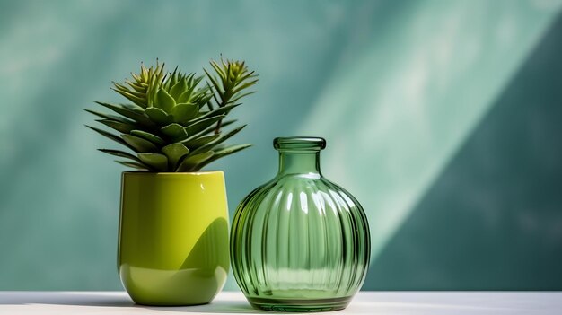 Photo minimalistic still life with green glass vase and mini cactus plants ai generative