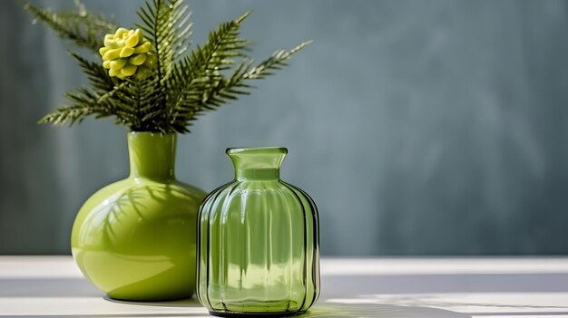 Photo minimalistic still life with green glass vase and mini cactus plants ai generative