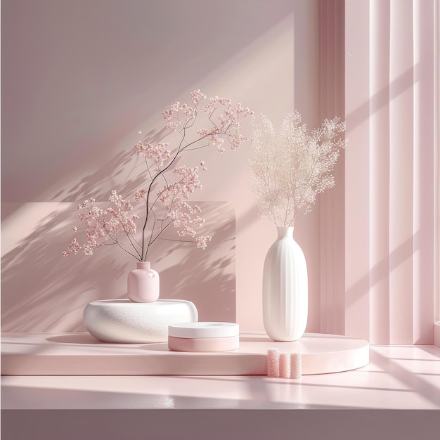 Minimalistic Still Life with Pink Vase and Delicate Flowers