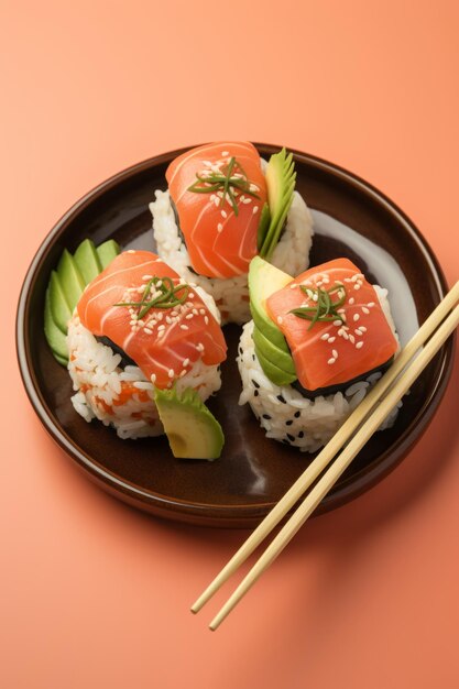 Minimalistic style sushi with salmon on black dish with chopsticks closeup peach fuzz background