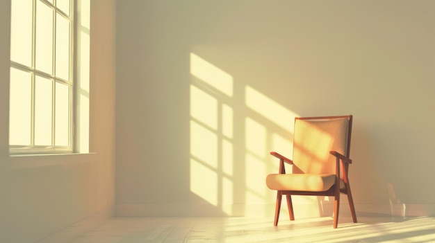 A minimalistic sunlit room with a single wooden chair positioned near a window casting shadows on the wall creating a tranquil serene atmosphere