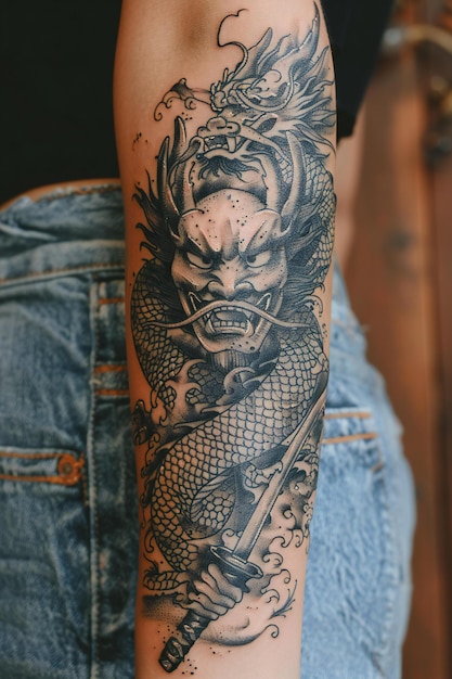 Minimalistic tattoo sleeve traditional japanese samurai warrior mask menyoroi sword dragon wrapp