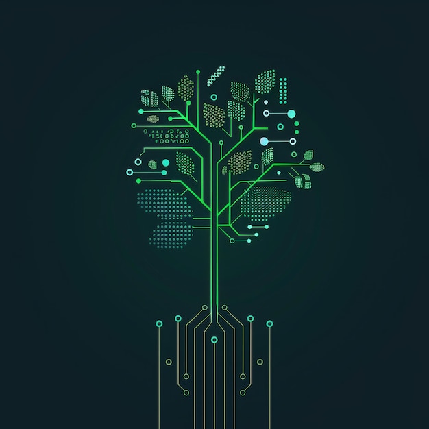 Photo minimalistic vector concept of a digital tree growing from a circuit board representing ecotechnology