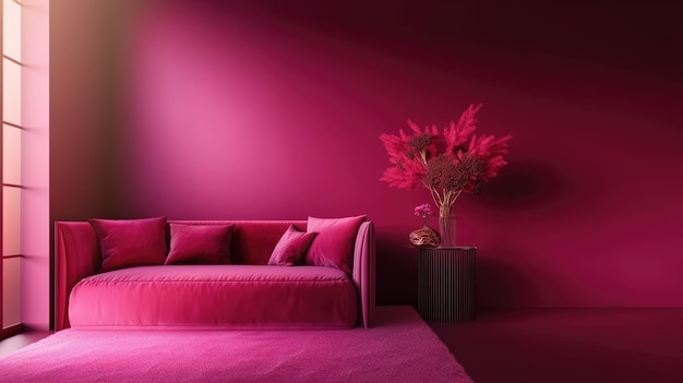 Photo minimalistic velvet magenta interior with sofa and a table with vase and flowers with sunlight