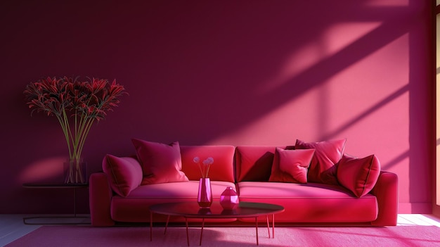 Photo minimalistic velvet magenta interior with sofa and a table with vase and flowers with sunlight