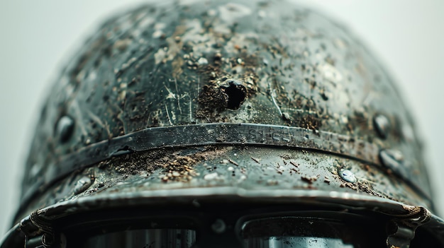 Photo minimalistic war photography soldier s helmet with bullet hole in close up on white background