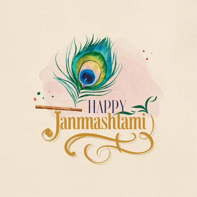 Minimalistic watercolor art with peacock feather and flute Happy Janmashtami in pastel hues