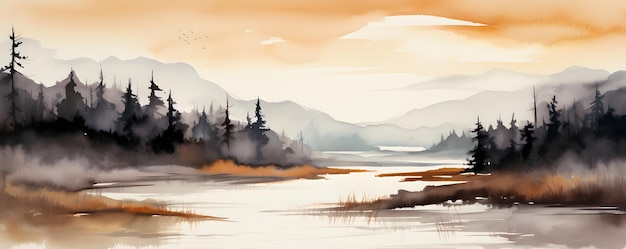 Minimalistic watercolor landscape background Simple watercolor landscape painting