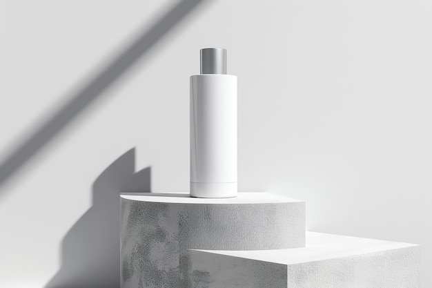 Minimalistic white bottle with a gray cap on a pedestal in soft natural light highlighting modern an