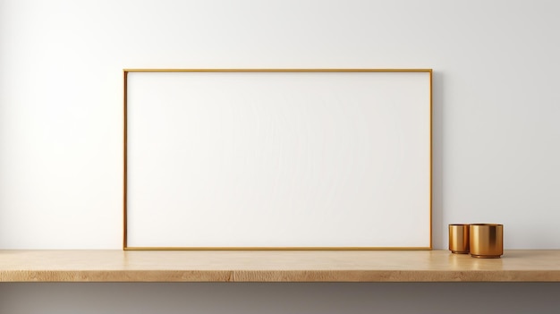 Minimalistic White Desk With Golden Empty Frame For Canvas