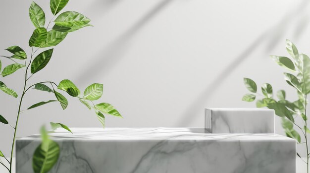 Minimalistic White Marble Box Podium Surrounded by Leaves on a White Background AI Generated Image