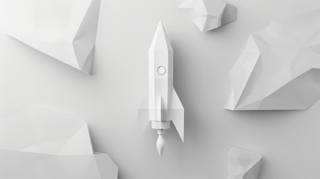 A minimalistic white rocket model surrounded by geometric shapes on a white background representing