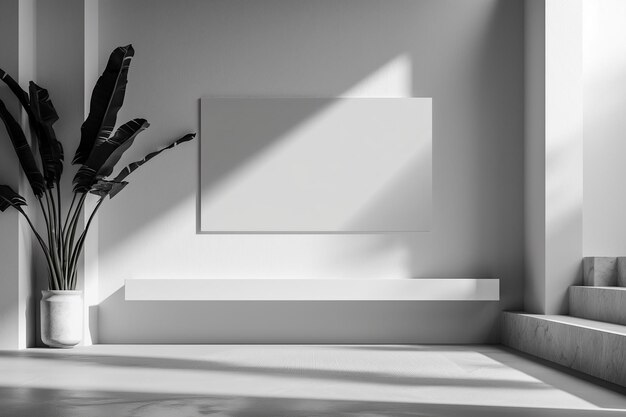 Photo minimalistic white room with a large blank canvas on the wall sunlight streaming through windows creating dramatic shadows and a potted plant with large leaves mockup