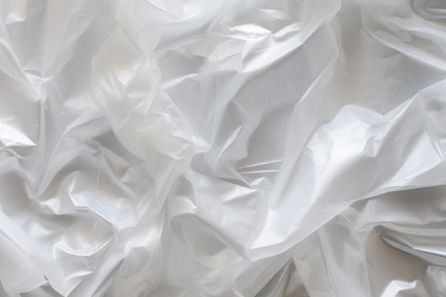 Minimalistic white texture of transparent wrinkled plastic Crumpled wrinkled plastic cellophane Reflects light and shadow on the folds of the surface