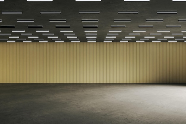 Minimalistic yellow concrete interior with lamps on ceiling