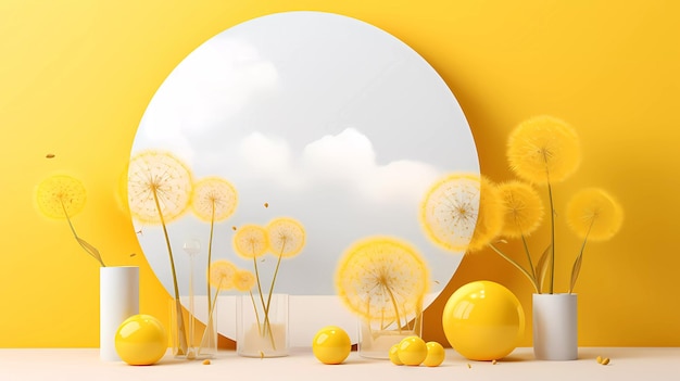 A minimalistic of yellow podium display with dandelion flower