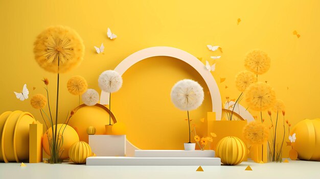 A minimalistic of yellow podium display with dandelion flower