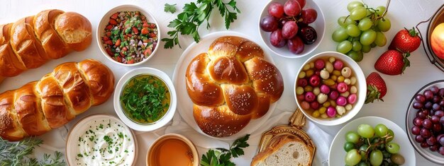 Photo minimalistic yom kippur meal featuring traditional foods on a bright white background