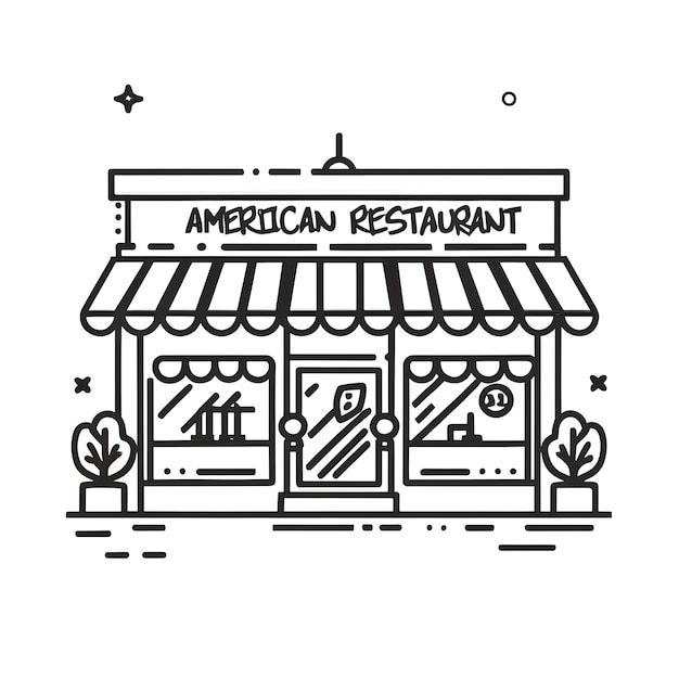 Minimalisticfront of an American restaurant Single building one line art black white background