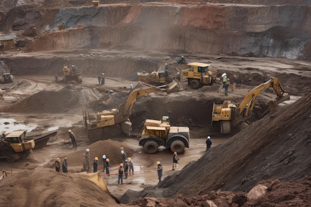 Mining company with group of miners extracting minerals from the earth