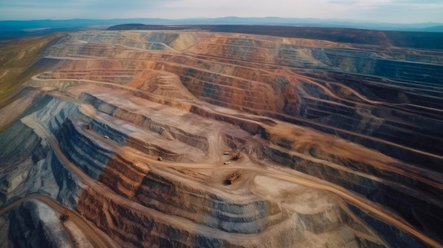 Mining at a height industrial terraces on a mineral mine with an open pit opencast mining as seen from above Exploration of a dolomite mine extractive sector massive excavator equipment Generative AI