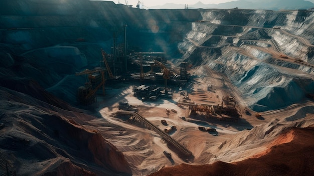 Mining at a height industrial terraces on a mineral mine with an open pit opencast mining as seen from above Exploration of a dolomite mine extractive sector massive excavator equipment Generative AI