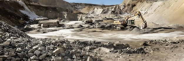 Photo mining scene with heavy machinery and rugged terrain