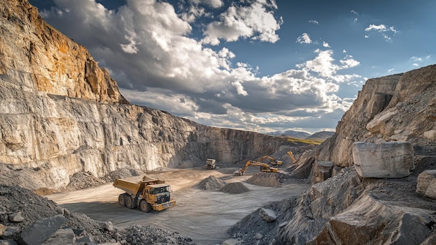 Photo a mining site with heavy machinery and trucks operating in a rocky quarry landscape