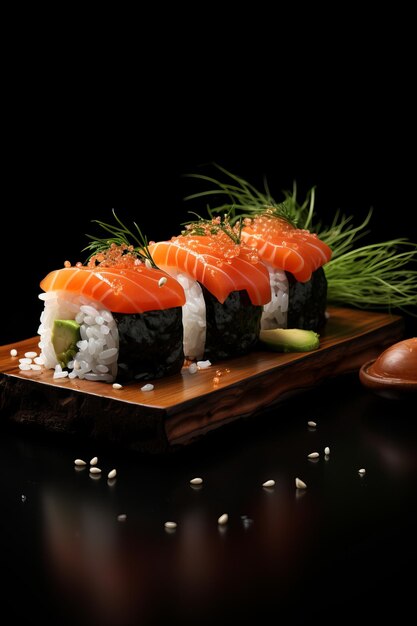 MiniSet of salmon sushi on tray japanese cuisine minimalistic style black backgroundvertically