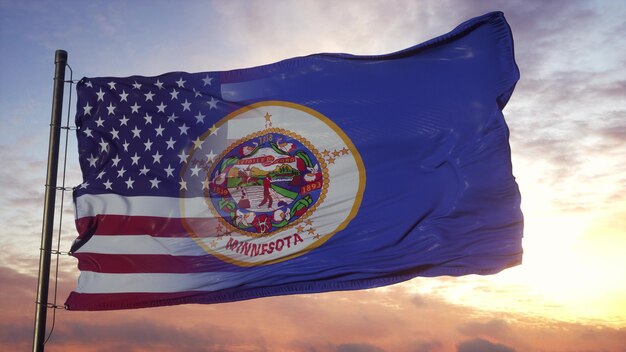 Minnesota and USA flag on flagpole. USA and Minnesota Mixed Flag waving in wind