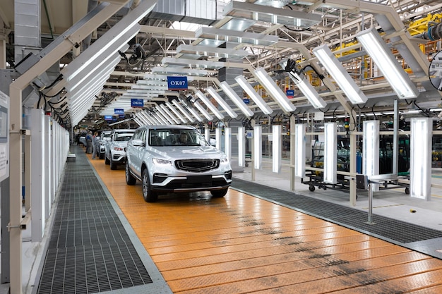 Minsk Belarus Dec 15 2021 Automobile production line Modern car assembly plant Interior of a hightech factory manufacturing