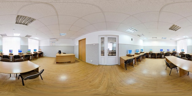 MINSK BELARUS JANUARY 2021 hdr 360 panorama interior old classroom with computers in full spherical equirectangular projection VR content