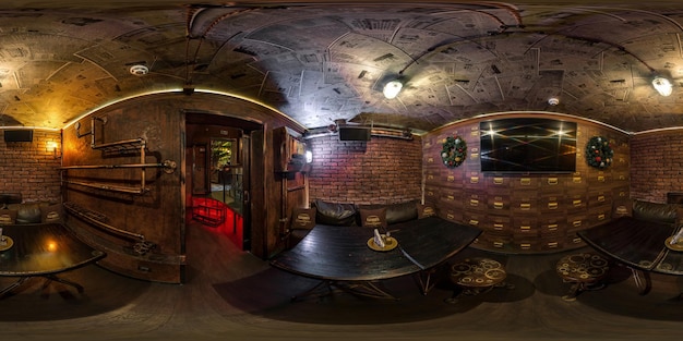 MINSK BELARUS MAY 2018 full seamless hdri panorama 360 degrees angle view in interior of elite vip bar in steampunk style in equirectangular projection with zenith and nadir VR AR content