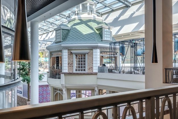 MINSK BELARUS MAY 2020 banquet hall with table and appliances in elite luxury restaurant with stairs