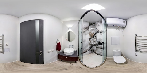 MINSK BELARUS MAy 2020 full seamless spherical hdri panorama 360 degrees angle view in interior bathroom restroom in modern flat apartments in equirectangular projection VR content