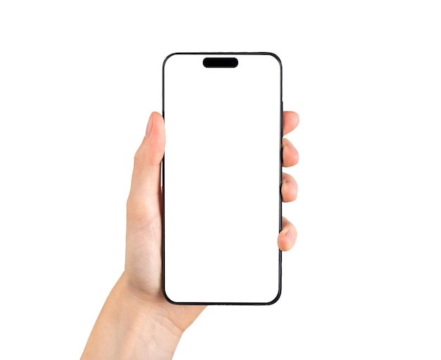 MINSK BELARUS NOVEMBER 14 2022 Hand hold phone screen mockup of new iphone 14 pro isolated on white background Template with empty display Smartphone mockup