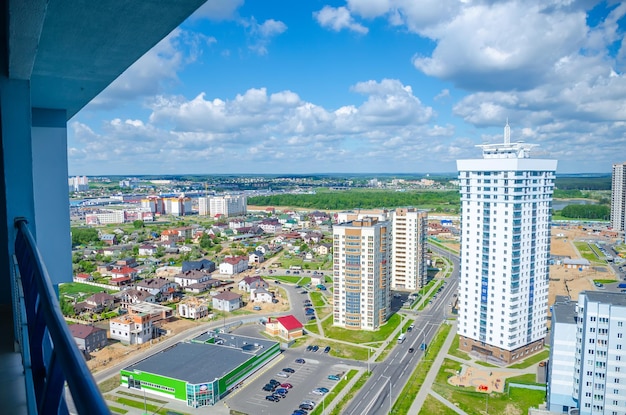 Minsk streets from a bird'seye view Flight of a quadrupter