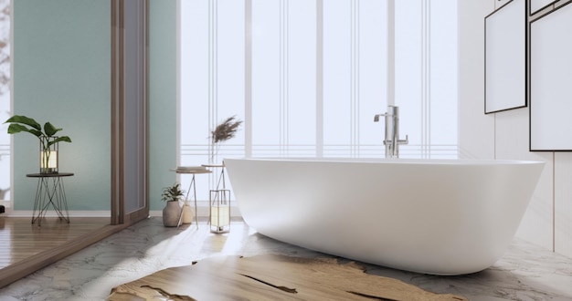 Mint Bath room interior bathtub with wall white and tiles floor. 3d rendering