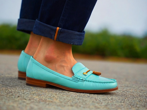 mint blue leather loafers