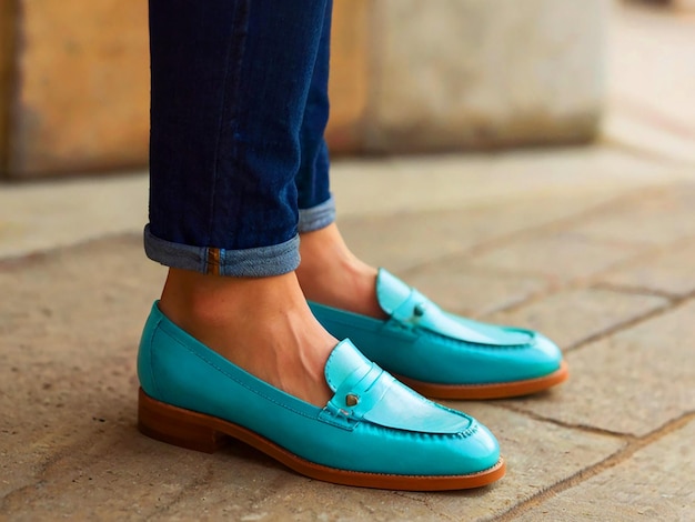 Photo mint blue leather loafers