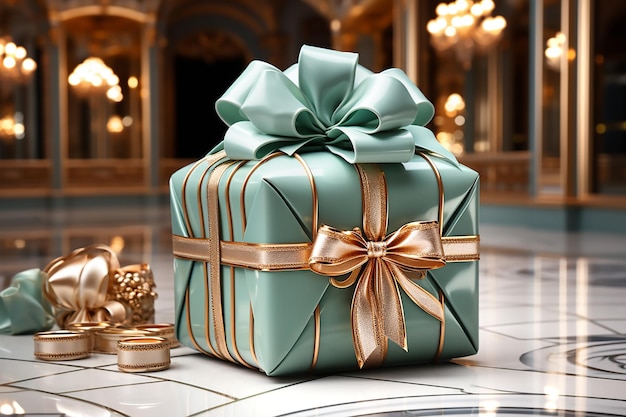 Mint gift box with golden and mint bow in antique interior Generative AI