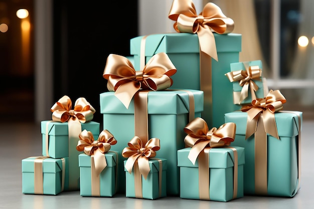 Mint gift boxes with golden bows in interior Generative AI