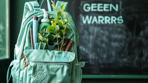 Mint green backpack filled with environmental materials against a blackboard