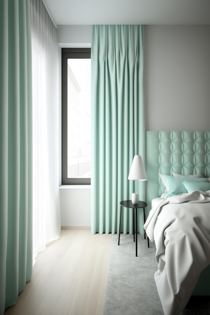 Mint green drapes in contemporary bedroom