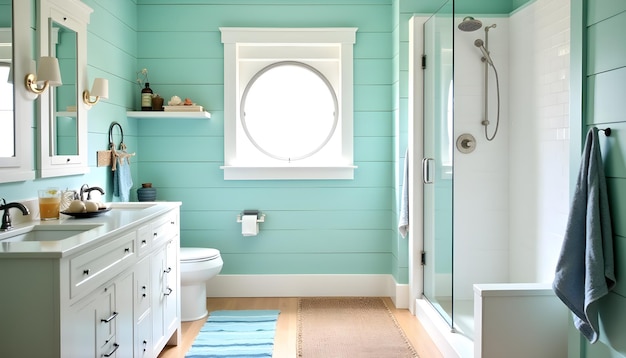 Photo mint green shiplap walls in a bright coastal bathroom setting