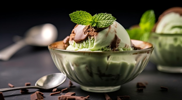 mint ice cream garnished with chocolate in a bowl