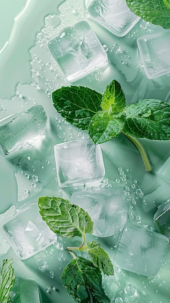 Photo mint ice cubes on green surface